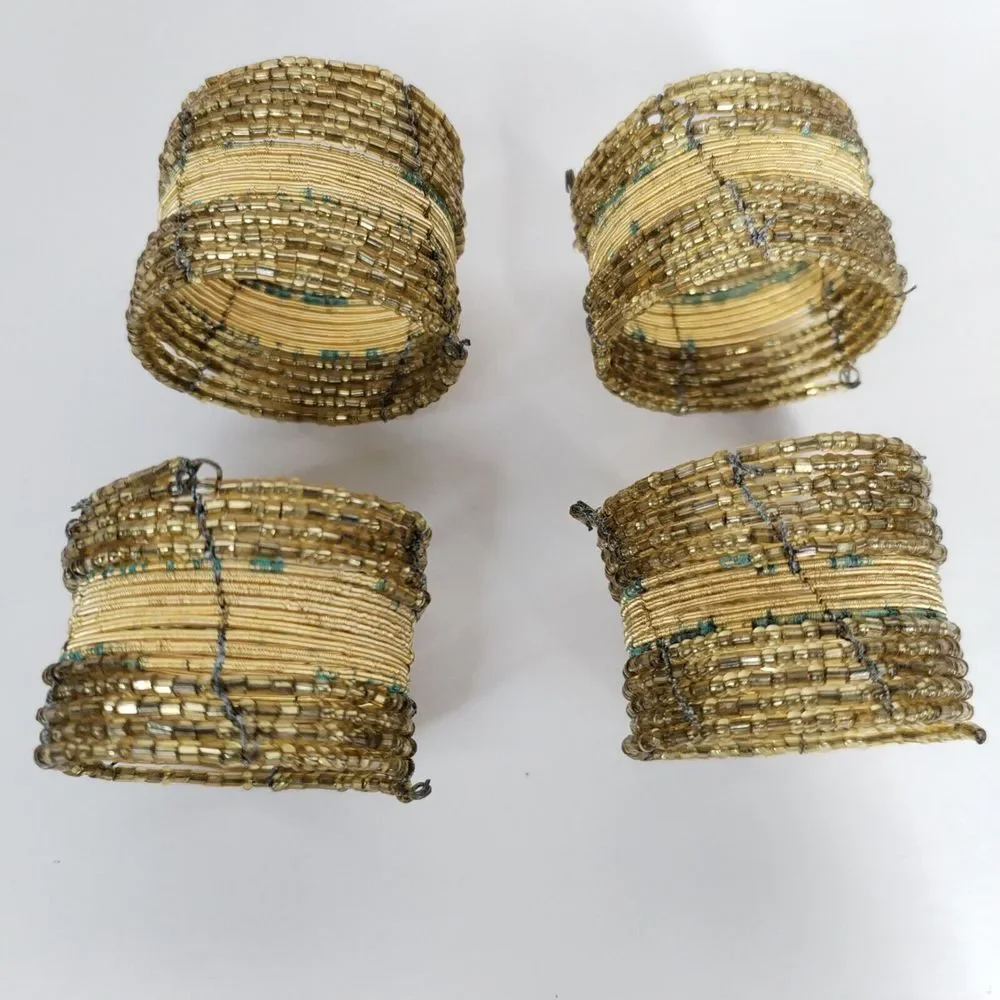 Pier One Set Of 4 Beaded Napkin Rings Beautiful Green‎ And Gold Metal Beads